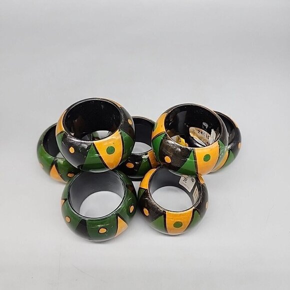 Vintage Hand Painted Decorative Wooden Napkin Rings made in India X7 African - Picture 2 of 5